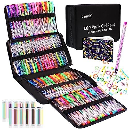 Lyuvie 160 Bolígrafos de Gel,80 Bolis de Colores con 80 Recambios de Purpurina y 1 Libro para Adultos, Boligrafos Gel para Dibujar Garabatear Manualidades Scrapbooking Journaling