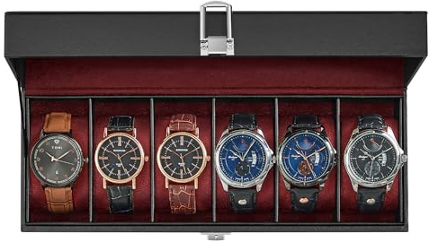 SONGMICS Watch Box, 6-Slot Watch Case Organizer with Large Glass Lid, Removable Pillows, Gift for Loved Ones, Black Synthetic Leather, Wine Red Lining UJWB006R01