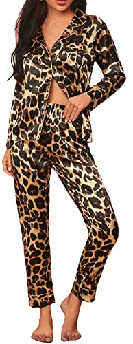 Loalirando Pyjama-Set für Damen, Satin, Nachtwäsche, schick, elegant, 2 Stück, Leopardenbraun D, 36