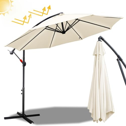 Fiqops Sonnenschirm Ø 300 cm Beige mit Kurbel| Ampelschirm mit Ständer | Gartenschirm Sonnenschutz UV-Schutz Aluminium | Kurbelschirm Marktschirm wasserdicht für Garten