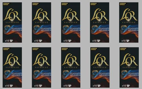 L'or Espresso L’OR Colombia Espresso Decaf Intensity 8 –Compatible With Nespresso Aluminium Coffee Capsules - 10 Packs of 10 Capsules (100 Pods)