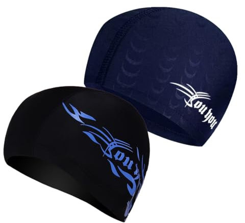 WBZOWRB 2 Stück Badekappe Herren, Elastische Badekappen Für Erwachsene, Komfortable Stoff Bademütze Weiche Unisex Badekappe Ohrenschutz Schwimmhaube Schwimmkappe Leichte Badehaube(Schwarz/Blau)