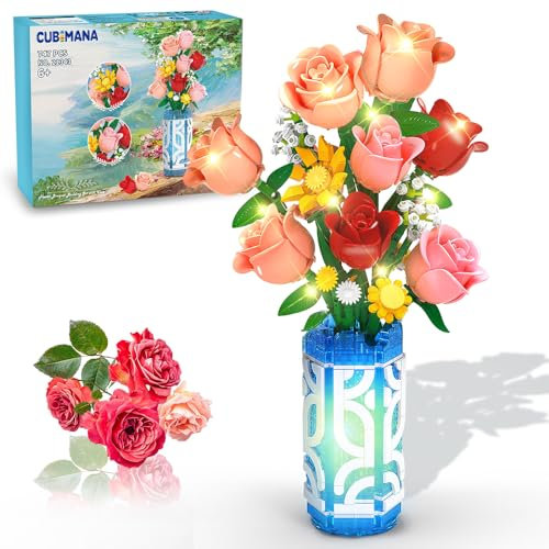 CUBIMANA Blumenstrauß-Bausatz mit Vase und LED-Licht, 747pcs Mini-Rosen-Blumen-Bausteinspielzeug, Geschenke zum Valentinstag für Sie und Ihn, DIY-Kunstblumen-Dekoration für Zuhause und das Büro