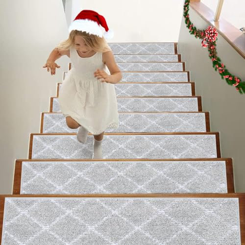 BEQHAUSE Stair Treads, 15 pcs Anti Slip Stair Treads, 70x22cm Machine Washable Stairs Carpet Tread for Dogs, Elders and Kids, Polyester Soft Stair Rugs, Grey