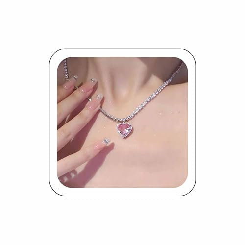 Wendalern Girocollo Cuore Rosa Cristallo Zircone - Ciondolo Aureola A Forma Di Cuore - Collana Di Strass Catena Di Cristallo Tennis - Gioielli Regali Di San Valentino Per Le Donne