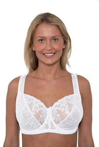 Vitality Care Ladies Full Coverage Floral Embroidered Lace Underwired Non-Padded Bra for Plus Size and Large Busts, Comfortable Adjustable Straps, Everyday Support Bra, White, Sizes 34-46, D-J Cups