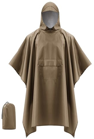 Coutyuyi Wasserdicht Regenponcho Unisex, Wiederverwendbar Regenjacken 3 in 1 Multifunktionaler Regencape mit Tasche Regenmantel Regenschutz für Wanderungen,Camping（Braun,L）