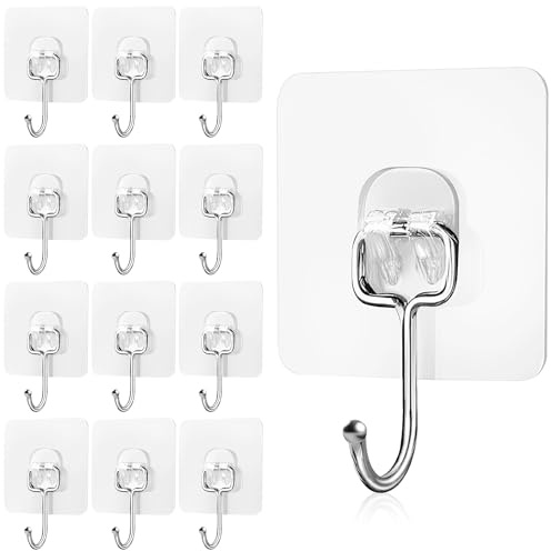 GXFCING Grandi Gancio Adesivo, 12 Pezzi Autoadesivi Ganci Adesivi Trasparenti 15 KG (Max), Ganci da Parete Adesivi Senza Chiodi per Bagno, Cucina, Soffitto, Ufficio