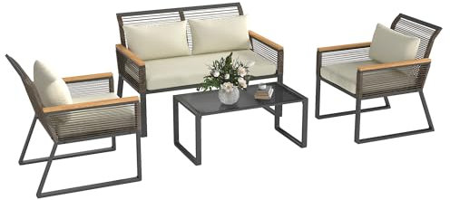 Outsunny Polyrattan Gartenmöbel Set 4 Personen wetterfest Balkonmöbel-Set mit 2er Sofa, 2 Stühle Glastisch Kissen Outdoor Sitzgruppe Gartengarnitur Gartenlounge für Garten Balkon Grau+Beige