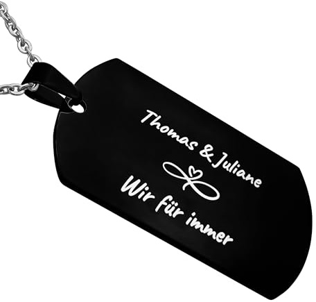 Hanessa Personalisierte Kette mit Gravur Edelstahl 50 cm mit Anhänger Dog Tag einseitig in schwarz - Personalisierte Halskette für Männer und Frauen - Personalisierter Schmuck Damen Herren