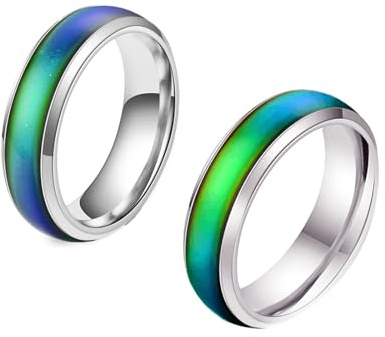 strrng 2 Pcs Mood Ring, Stainless Steel Warm Color Mood Ring for Kids | Moods Thermochromic Band Rings for Boyfriend Girlfriend,Fashion Temperature Emotion Rings, for Daily Party Birthday Gift