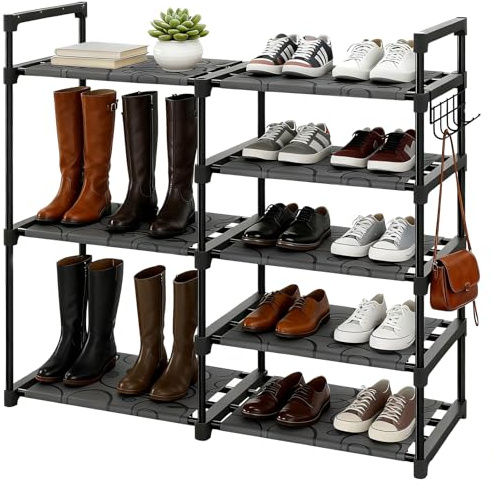 Altdnmaf 5 tier Shoe and Boot Storage Rack, 84cm Wide Large Welly Stand, Stackable Long Show Rack, for Entryway, Hallways, Kitchens, Bedrooms Tidy Organiser, Black