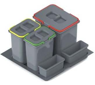 REJS Système de tri sélectif de cuisine pour armoire de 60 cm, 3 compartiments, 1 x 15 l + 2 x 7 l, avec couvercle et poignée, collecteur de déchets encastrable pour tiroirs, poubelle de cuisine, kit