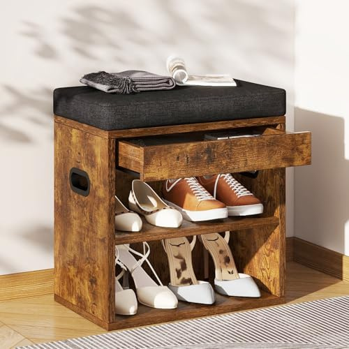 YMYNY Banc Chaussures Entrée avec Coussin et Tiroir Marron Rustique HSC002H