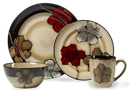 Pfaltzgraff Painted Poppies 16-Piece Dinnerware Set, Service for 4, Colorful Floral Stoneware Plates, Bowls, and Mugs, Microwave and Dishwasher Safe