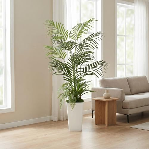 4’11” (150 cm) Areca Palm Artificial Tree with Tall White Pot, Grass & Moss – Lifelike Natural Look, Maintenance-Free Indoor & Outdoor Plant for Home, Office, Balcony & Patio