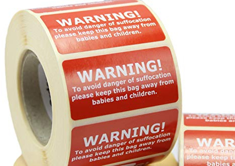 500 x 50mm x 25mm Suffocation Warning Labels for Cellophane Bags, Warning of Suffocation Safety Labels. (500 Labels)