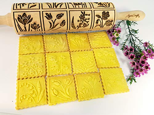 Algis Crafts - SPRING FLOWERS Embossed Rolling Pin for Baking Accessories with Laser Engraved Design - Beautifully Handmade Pattern Rolling Pin - Decorative Dough Roller to Make Unique Bakes