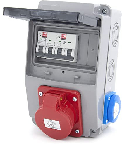 Distribuidor de obra con cable divisor de pared con fusibles y tomas de 2 x 230 V + disyuntores en miniatura C16 1 polo + CEE 16A, IP54 (1 CEE 16A + LS C16 + 2 x 230 V + LS C16)