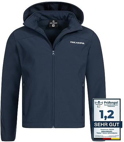 Kirkjubøur® Hestur Softshell-jacka för män 10 000 mm vattenpelare med huva och fleecefoder som andas och vattenavvisande med ståkrage, utomhus, blå, M