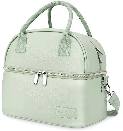 BALORAY Lunch Bag for Women Men, Double Deck Lunch Box for Adults, PU Leather Lunch Tote Bag Insulated Lunch Bags with Strap for Work Office Picnic(Green with strap)