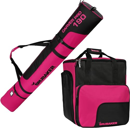 BRUBAKER Ski Kombi Set - Carver PRO - Skisack und Skischuhtasche für 1 Paar Ski 190 cm + Stöcke + Schuhe + Helm - Rucksack Taschen Set für Skifahrer - Schwarz Pink