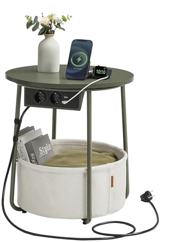 VASAGLE Beistelltisch rund, Kleiner Tisch, Couchtisch mit Steckdose, Wohnzimmertisch, Korb aus Stoff, Stauraum für Wohnzimmer Schlafzimmer, Nachttisch modern, waldgrün-cremeweiß LET228C05