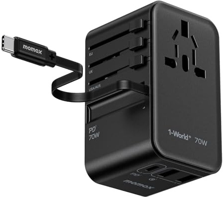 MOMAX Adattatore Universale da Viaggio 70W GaN, cavo integrato 65cm, Adattatore Universale, Adattatore da Viaggio Internazionale, per Regno Unito USA Australia Europa ecc.