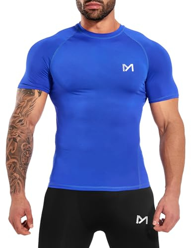 MEETYOO Camicia a Compressione da Uomo Maniche Corte, Traspirante Asciugatura Rapida per Fitness Running Palestra Corsa Allenamento Crossfit, Blu,XXL