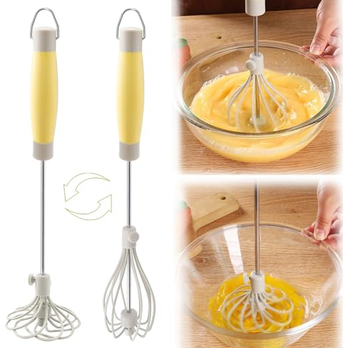Halbautomatischer Schneebesen aus Edelstahl, Schneebesen Halbautomatisch Einstellbarer Halbautomatischer Handschneebesen, Drehbarer Push Mixer Rührer für Mischen, Schlagen, Aufschäumen und Rühren