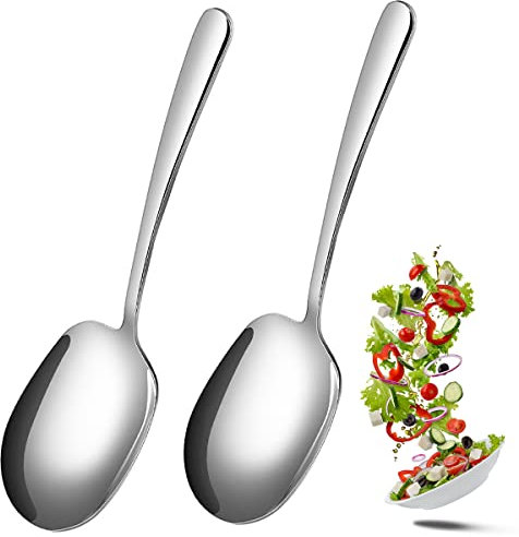 Lot de 2 grandes cuillères de service en acier inoxydable de 25,5 x 7,5 cm avec long manche, passent au lave-vaisselle, grandes cuillères pour cuisine, restaurant, buffet, banquet