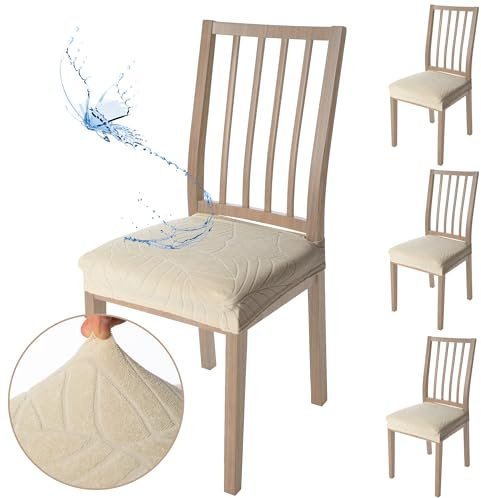 Viste tu hogar Pack 4 Funda Silla Comedor de 45 a 55 CM, Sin Respalda, 100% Poliéster, Impermeable, Fácil de Instalar y Limpiar, Hojas, Beige