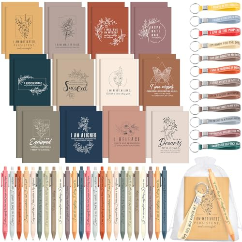Mooliwe Positive Affirmation Gift Set Gratitude Notebooks with Pens Keychains Small Bags Motivational Party Favors for Adult Women Coworkers Employee Group(24 Set,Vibrant)