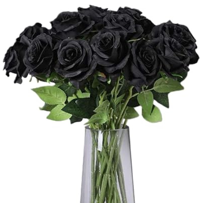 TILONKJ 12 Piezas Ramo de Rosas Artificiales Negro,Rosas Decorativas de Tallo Largo de Aspecto Realista,Flores de plástico Que Nunca se marchitan,para Bodas Góticas,Halloween y Funerales(Negro)
