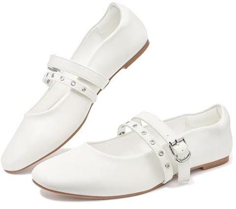 Perphy Women Comfortable Adjustable Buckle Ballet Flats Pumps Dress Shoes | Studded design with double strap. Round-toe silhouette. Party wedding travel date cocktail nightclub homecoming