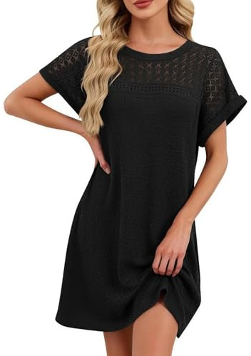 nnOuOnn Women T Shirt Dress Mini Casual Summer Baggy Tshirt Dresses Waffle Knit Lace Short Sleeve Round Neck with Pockets