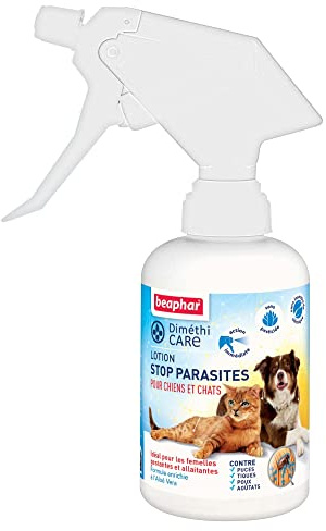 BEAPHAR – DIMETHICARE – Lotion stop parasites pour chien et chat – Contre puces, tiques, poux, aoûtats – Sans pesticide et insecticide chimique – À l'Aloe Vera – Action immédiate – Sans rinçage –250ml