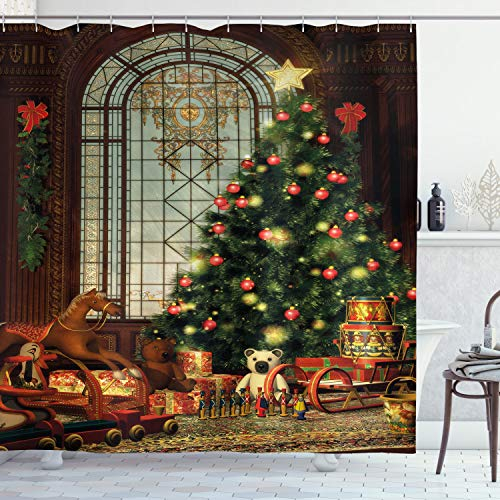 ABAKUHAUS Natale Tenda da Doccia, Albero di Natale, Tessuto Set di Decorazioni per il Bagno con Ganci, 175 x 200 cm, Marrone Verde Rosso