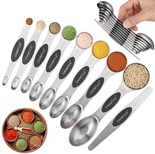 Magnetic Measuring Spoons Set of 9 Stainless Steel Dual Sided Stackable Teaspoon Tablespoon Nesting Measuring Spoon for Measuring Dry and Liquid Ingredients Fits in Spice Jar