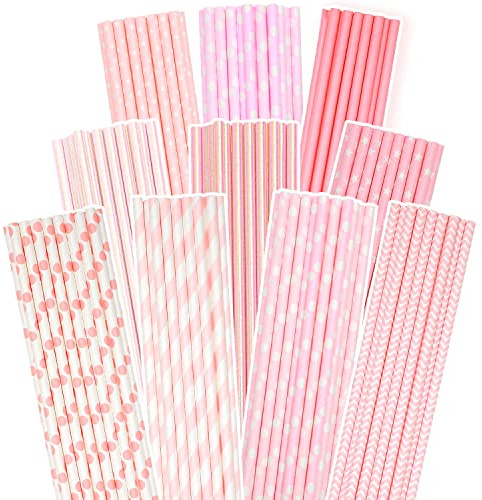 Pink Paper Straws 150pcs Disposable Straws Bulk (10 Pattern) qiqee