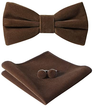 HOULIFE Set di farfallini da uomo - Farfallino regolabile in velluto pre-annodato, farfallino tinta unita, gemelli, set per sposo, matrimonio formale con confezione regalo, marrone, M