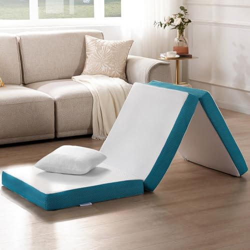 SINWEEK Memory Foam Folding Mattress with Pillow & Storage Bag, Foldable Portable Floor Guest Bed for Camping and Sleeping 4 Inch Single Size