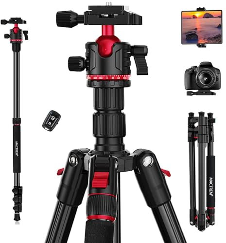MACTREM Trípode de cámara de 67 Pulgadas, trípode DSLR Resistente para Viajes, Cabeza de Bola de 360° (Rojo)