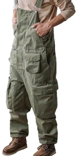 Rexcyril Men's Bib Overalls Loose Fit Baggy Casual Workwear Fashion Lightweight Sloppy Coveralls with Cargo Pockets, Green, 38
