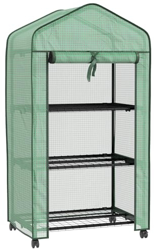 Outsunny Serre de Jardin PE avec étagères 3 Niveaux, Serre de Balcon, bâche renforcée 140 g/m², châssis en Acier, Porte zippée Enroulable, pour légumes Plantes Fleurs, 69x49x130cm, Vert