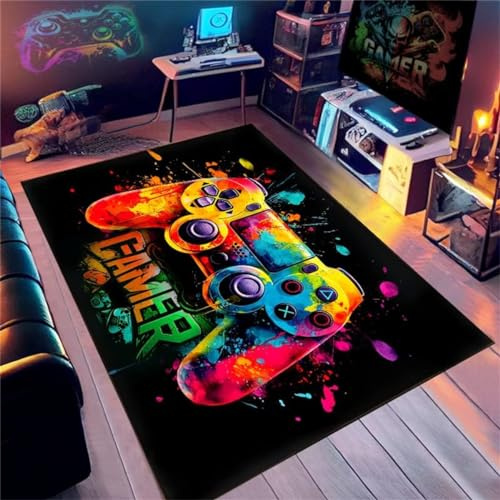 Tappeto Camera Da Letto Gaming Graffiti Ragazzo Bambini Tappeto Salotto Gamer Abbaglianti Stella Graffiti Neon Video Controller Di Gioco Lavabile Grande Antiscivolo Gioco Morbido (Green,120x180cm)