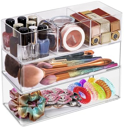 Rongxze Lot de 3 organiseurs de maquillage transparents amovibles - Tiroir de rangement transparent pour produits cosmétiques tels que fard à paupières, blush et rouge à lèvres