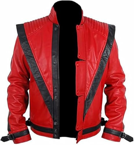 HiFacon Chaqueta de cuero MJ Thriller para hombre, color rojo real y sintético