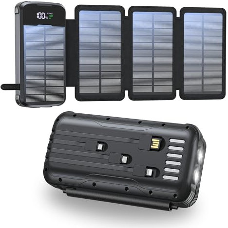 Solar Power Bank 27000mAh,Cargador Portátil con 4 Cargadores Plegables de Panel Solar Externo,4 Cables Integrados,Batería Solar Externa USB C con 2 Linternas LED, para iPhone,Tablets(Negro)