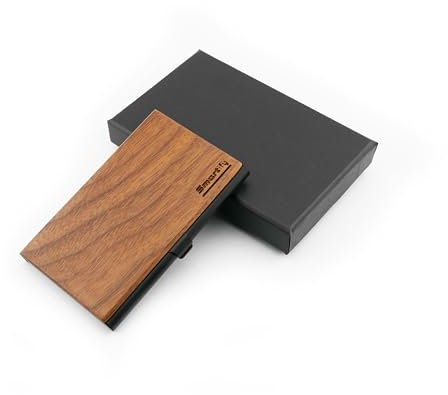 Smartify Étui pour cartes de visite en bois de noyer - Élégant porte-cartes de visite en métal et bois - Étui fin pour cartes de visite pour homme et femme - Boîte cadeau de qualité supérieure pour le